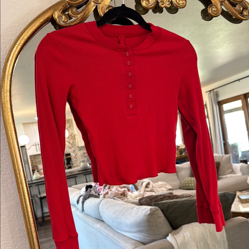 SKIMS Red Long Sleeve Henley Top